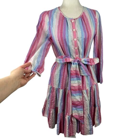 J. Crew Belted Button-up Dress in Pastel Stripe Rainbow Pink Purple SZ XS AP188 - Picture 5 of 16